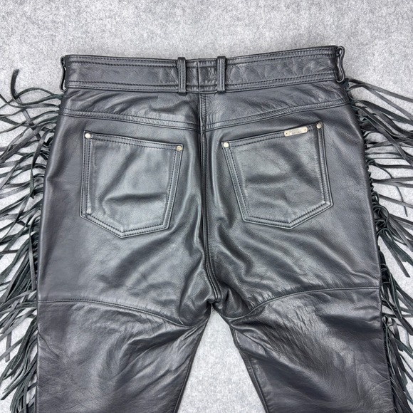 VTG Harley Davidson Leather Pants Womens 16 Black Motorcycle Biker Fringe 80s - Picture 10 of 14